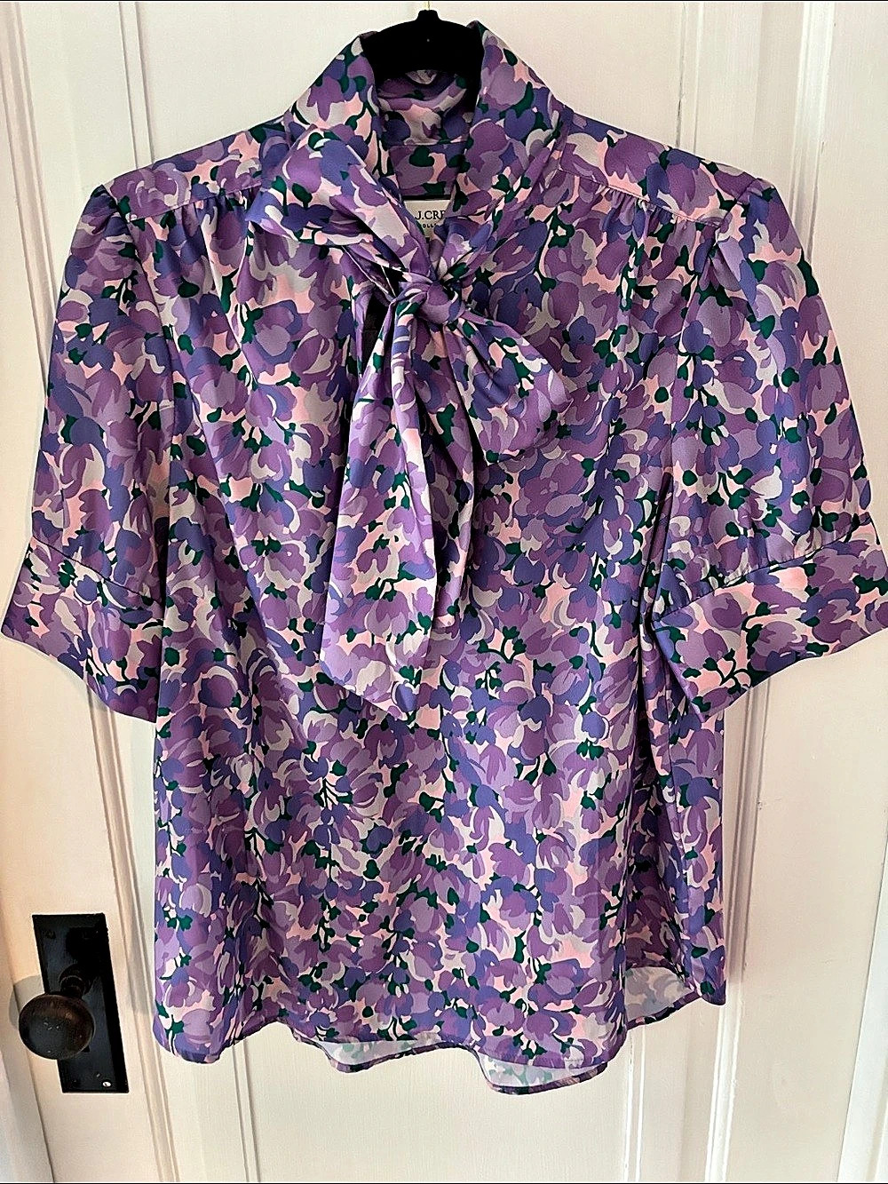J.Crew Floral Tie-Neck Blouse in Purple & Green Size Medium